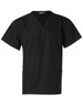 A black unisex short sleeve tunic top with a V-neck and two front pockets. It features a logo on the label.