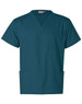 A teal unisex scrub short sleeve tunic top with a v-neck and pockets, featuring a logo on the label.