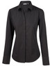 A black women's long sleeve button-up shirt with a classic collar, featuring a logo on the chest.