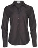 A black long sleeve button-up shirt for women, featuring a collar and a logo on the label.