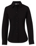 A black women's long-sleeve button-up shirt made from cotton and poly stretch fabric, featuring a sleek design and a logo.