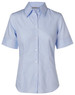 Light blue short-sleeved button-up shirt with a collar, featuring a logo on the chest.