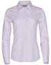 A lilac women's button-up shirt with long sleeves and a collar, featuring a logo on the chest.