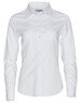 A white women's long-sleeve button-up shirt with a classic collar and a logo.