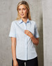 A light blue women's short-sleeve button-up shirt with a self-stripe pattern, featuring a classic collar and a sleek fit.