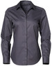 A button-up shirt in dark grey with a dobby striped pattern and a collar. Features long sleeves and a logo.