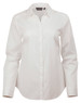 A white button-up shirt with long sleeves and a collar, featuring a logo on the neckline.