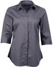 A grey ladies' button-up shirt with a striped pattern and 3/4 sleeves. Features a branded label.