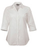 A white button-up shirt with a collar and 3/4 sleeves, featuring a subtle texture and logo.