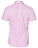 A pink short-sleeved button-up shirt with a striped design and a logo on the back.