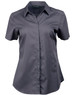 A short-sleeved, button-up shirt in dark grey with a subtle striped pattern and a branded label inside.