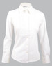 A white long sleeve button-up shirt featuring tuck front detail and a collar, with a branding logo.