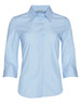 A light blue women's pinstripe 3/4 sleeve button-up shirt with a collar and a logo tag.