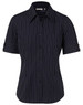 A black women's short sleeve button-up shirt featuring a pinstripe pattern and a chest pocket.