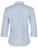 A blue and white striped women's button-up shirt with 3/4 sleeves and a back view. Features a logo.