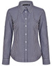A women's button-up shirt featuring a navy and white gingham check pattern, with roll-up long sleeves and a collar.