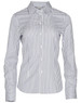 A women's long-sleeve button-up shirt featuring a blue and white sateen stripe pattern. The shirt has a collar and a logo.