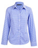A blue and white check pattern long-sleeve button-up shirt with a collar and branding on the neckline.