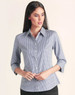 A women’s button-up shirt featuring a two-tone check pattern in navy and white, with 3/4 sleeves and a collar.