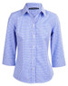 A blue and white check pattern button-up shirt with 3/4 sleeves. The shirt features a collar and a logo.