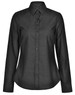 A black pin dot stretch long sleeve shirt with a button-up front and a collar. It features a logo on the label.