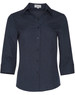 A dark navy women's 3/4 sleeve shirt with a collared neck and button front, featuring a logo on the label.