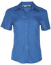 A short-sleeved women's shirt in a blue fabric with a collared design and buttons down the front. Features a logo.