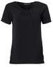 A black short-sleeved knit top with pleats and a round neck, featuring a logo on the tag.