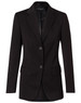 A black mid-length jacket with two buttons and a fitted design. Features pockets and a logo on the label.