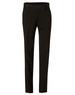 Women's low rise pants in black wool stretch featured in a sleek, tailored design. The pants have a branding logo.