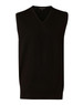 A black men's 100% Merino wool V-neck vest with a fitted design and a logo on the label.