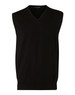A black Men's 100% Merino Wool V Neck Vest with a ribbed hem and no sleeves, featuring a logo at the neckline.