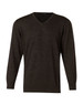 A dark charcoal V-neck long sleeve sweater made from 100% Merino wool, featuring fitted cuffs and a logo.