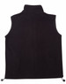 A black unisex polar fleece vest with a high collar and adjustable drawstrings at the hem. It features a logo.