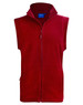 A red polar fleece vest with a zip front and a collar, featuring side pockets and a logo.