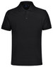 A black unisex polo shirt with a collar and short sleeves, featuring a logo on the upper portion.