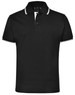 A black unisex polo shirt with contrasting white stripes on the collar and sleeves, featuring a logo on the front.