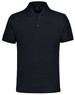 A black unisex polo shirt with a collar and short sleeves, featuring a logo on the upper left.