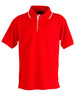 A red polo shirt with a collar, featuring white detailing and a subtle logo. Short sleeves and buttons at the neck.