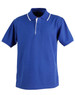 A blue polo shirt with a three-button placket and white trim on the collar and sleeves, featuring a logo.