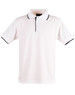 A white polo shirt with black collar and sleeve trim, featuring a logo on the chest area.