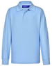 A light blue long sleeve polo shirt made from a poly/cotton blend, featuring a collar and buttons.