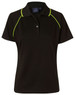A black ladies polo shirt with green accent lines and a collar, featuring a logo on the front.