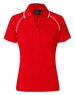 A red ladies polo shirt with short sleeves and a white trim, featuring a collar and a button placket.