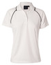 A white ladies' polo shirt with black accents, featuring a collar and a brand logo.