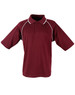 A maroon polo shirt featuring a collar, short sleeves, and white piping, complete with a logo.