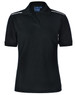 A black polo shirt for women with short sleeves and two white stripes on the shoulders. It features a logo on the chest.