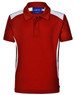 A red polo shirt with white side panels and a collar, featuring a logo on the inside neckline.