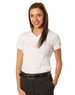 A white polo shirt designed for women, featuring short sleeves and a collar, with a logo on the chest.
