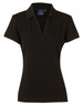 A black ladies' polo shirt featuring a collar and short sleeves, with a logo on the label.